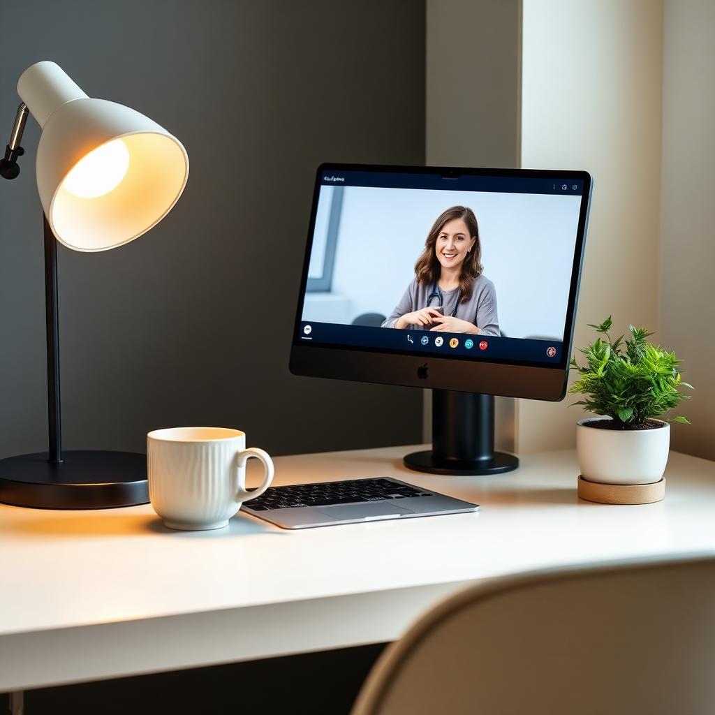 A tidy desk with a warm lamp and a telehealth video call on screen