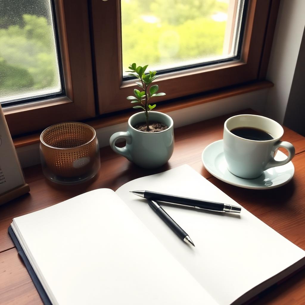 Open journal and coffee on a wooden desk by a window