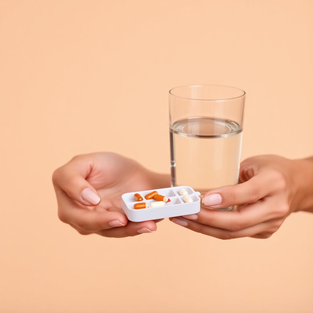 Careful medication management — a pill organizer and glass of water