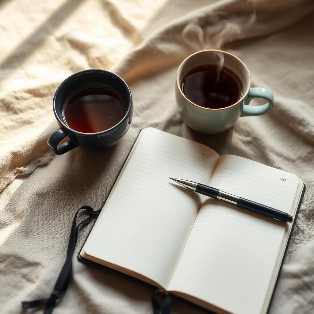 An open journal with a pen and warm tea in soft morning light