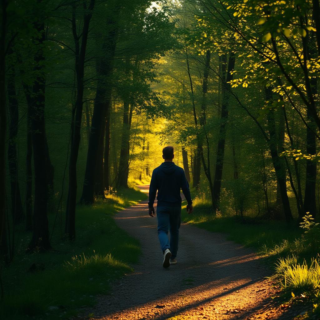 A person walking a peaceful forest path at golden hour