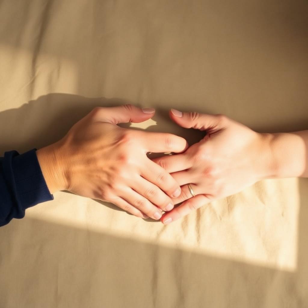 Two hands gently supporting each other in warm light — a symbol of support