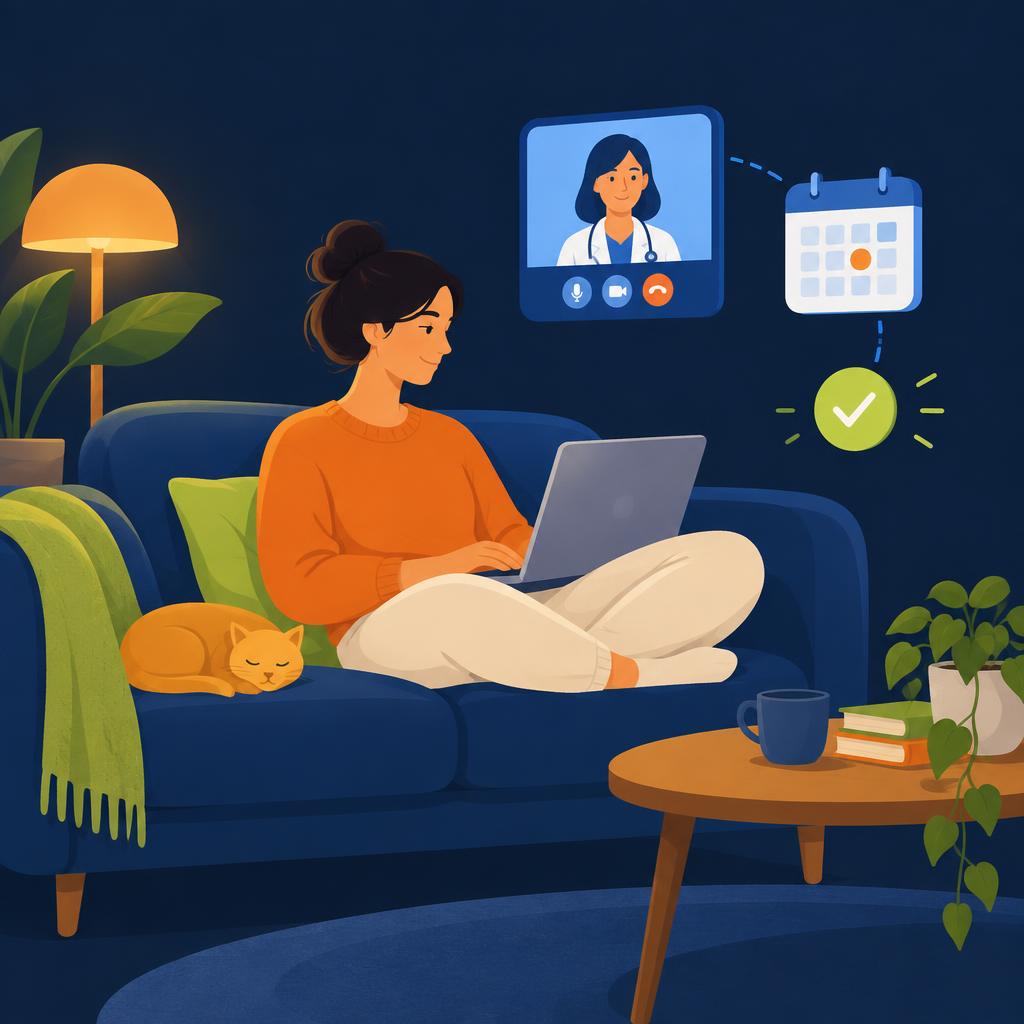 An illustration of a person at home booking a telehealth appointment on a laptop